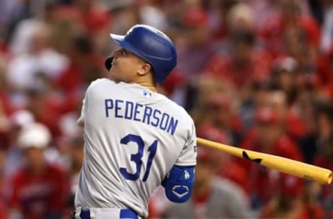 WASHINGTON, DC – OCTOBER 07: Joc Pederson #31 of the Los Angeles Dodgers flies out in the first inning against the Washington Nationals in game four of the National League Division Series at Nationals Park on October 07, 2019 in Washington, DC. (Photo by Rob Carr/Getty Images)