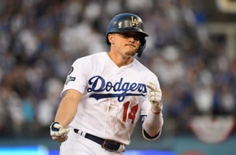 LOS ANGELES, CALIFORNIA – OCTOBER 09: Kike Hernandez #14 of the Los Angeles Dodgers celebrates his home run in the second inning of game five of the National League Division Series against the Washington Nationals at Dodger Stadium on October 09, 2019 in Los Angeles, California. (Photo by Harry How/Getty Images)