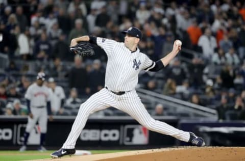 NEW YORK, NEW YORK – OCTOBER 18: James Paxton #65 of the New York Yankees throws a pitch against the Houston Astros during the first inning in game five of the American League Championship Series against the Houston Astros at Yankee Stadium on October 18, 2019 in New York City. (Photo by Elsa/Getty Images)