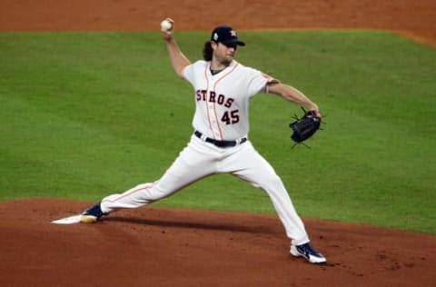 HOUSTON, TEXAS – OCTOBER 22: Gerrit Cole #45 of the Houston Astros delivers the pitch against the Washington Nationals during the first inning in Game One of the 2019 World Series at Minute Maid Park on October 22, 2019 in Houston, Texas. (Photo by Bob Levey/Getty Images)