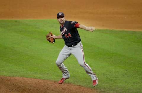 HOUSTON, TEXAS – OCTOBER 30: Daniel Hudson #44 of the Washington Nationals celebrates after defeating the Houston Astros 6-2 in Game Seven to win the 2019 World Series in Game Seven of the 2019 World Series at Minute Maid Park on October 30, 2019 in Houston, Texas. (Photo by Bob Levey/Getty Images)