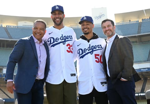 LOS ANGELES, CA – FEBRUARY 12: Manager Dave Roberts newly acquired Los Angeles Dodgers David Price #33 and Mookie Betts #50 and general manager Andrew Friedman pose for a photo during the introductory press conference at Dodger Stadium on February 12, 2020 in Los Angeles, California. (Photo by Jayne Kamin-Oncea/Getty Images)