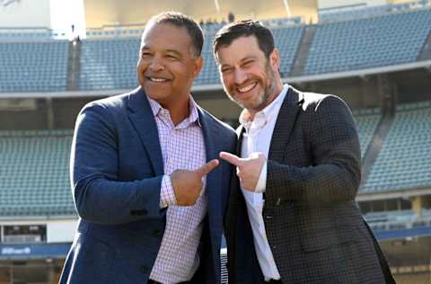 LOS ANGELES, CA - FEBRUARY 12: Manager Dave Roberts #30 and general manager Andrew Friedman of the Los Angeles Dodgers answers questions from the media during a news conference at Dodger Stadium on February 12, 2020 in Los Angeles, California. (Photo by Jayne Kamin-Oncea/Getty Images)