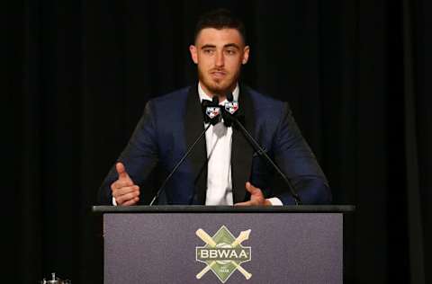 NEW YORK, NEW YORK - JANUARY 25: National League MVP Cody Bellinger of the Los Angeles Dodgers speaks during the 2020 97th annual New York Baseball Writers' Dinner on January 25, 2020 Sheraton New York in New York City. (Photo by Mike Stobe/Getty Images)