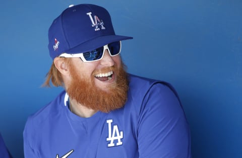 GLENDALE, ARIZONA – FEBRUARY 24: Justin Turner #10 of the Los Angeles Dodgers laughs with teammates prior to a Cactus League spring training game against the Chicago White Sox at Camelback Ranch on February 24, 2020 in Glendale, Arizona. (Photo by Ralph Freso/Getty Images)