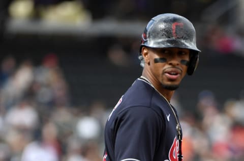 LAS VEGAS, NEVADA - FEBRUARY 29: Francisco Lindor #12 of the Cleveland Indians stands on first base after getting a hit against the Oakland Athletics during their exhibition game at Las Vegas Ballpark on February 29, 2020 in Las Vegas, Nevada. The Athletics defeated the Indians 8-6. (Photo by Ethan Miller/Getty Images)