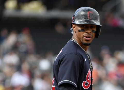 LAS VEGAS, NEVADA – FEBRUARY 29: Francisco Lindor #12 of the Cleveland Indians stands on first base after getting a hit. (Photo by Ethan Miller/Getty Images)