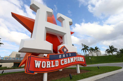 WEST PALM BEACH, FL - MARCH 09: A sign commemorating the Houston Astros 2017 World Series championship outside FITTEAM Ballpark of the Palm Beaches on March 9, 2020 in West Palm Beach, Florida.(Photo by Rich Schultz/Getty Images)