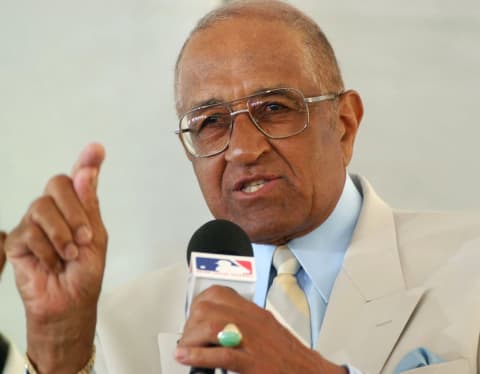 Don Newcombe, former Los Angeles Dodger during MLB Youth Baseball Academy Groundbreaking at Compton College in Compton, California, United States. (Photo by Kirby Lee/Getty Images)