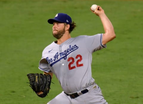 ANAHEIM, CALIFORNIA – AUGUST 14: Clayton Kershaw #22 of the Los Angeles Dodgers pitches during the fifth inning against the Los Angeles Angels at Angel Stadium of Anaheim on August 14, 2020 in Anaheim, California. (Photo by Harry How/Getty Images)