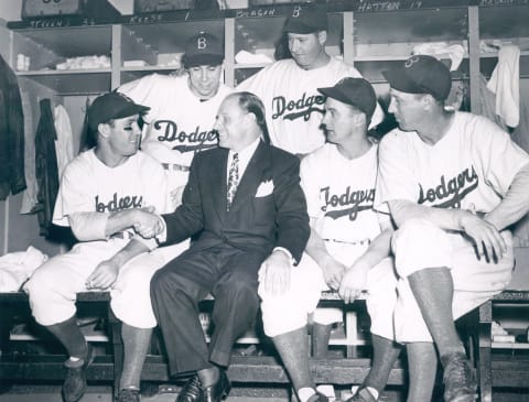 UNSPECIFIED – UNDATED: Brooklyn Dodgers Pete Reiser, Manager Leo Durocher, Gene Hermanski, Dixie Walker, Pee Wee Reese and Hugh Carey. (Photo by William Greene/Sports Studio Photos/Getty Images)