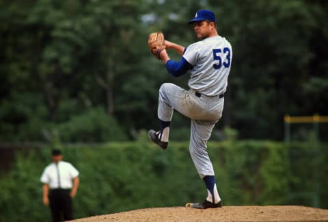 PITTSBURGH, PA – CIRCA 1965: Pitcher Don Drysdale #53 of the Los Angeles Dodgers pitches against the Pittsburgh Pirates during an Major League Baseball game circa 1965 at Forbes Field in Pittsburgh, Pennsylvania. Drysdale played for the Dodgers from 1956-69. (Photo by Focus on Sport/Getty Images)