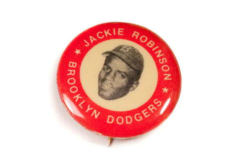 UNDATED: Vintage Jackie Robinson Pin. Brooklyn Dodgers. Small pinback pin shows vintage image of Hall of Fame Brooklyn Dodger Jackie Robinson. (Photo by John Kanuit Photography/Sports Studio Photos/Getty Images)