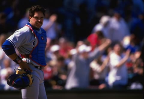 19 Apr 1998: Mike Piazza #31 of the Los Angeles Dodgers looks on during a game against the Chicago Cubs at Wrigley Field in Chicago, Illinois. The Cubs defeated the Dodgers 2-1. Mandatory Credit: Harry How /Allsport