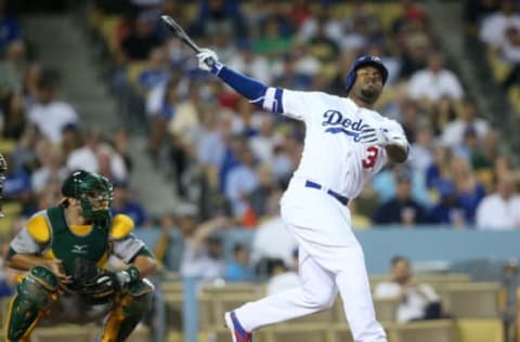 LOS ANGELES, CA – JULY 28: Pinch hitter Carl Crawford #3 of the Los Angeles strikes out for the first out of the bottom of the ninth inning against the Oakland Athletics Dodgers at Dodger Stadium on July 28, 2015 in Los Angeles, California. The Athletics won 2-0. (Photo by Stephen Dunn/Getty Images)