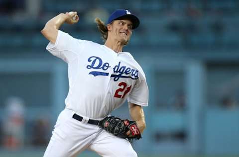 LOS ANGELES, CA - OCTOBER 10: Zack Greinke #21 of the Los Angeles Dodgers pitches in the first inning against the New York Mets in game two of the National League Division Series at Dodger Stadium on October 10, 2015 in Los Angeles, California. (Photo by Stephen Dunn/Getty Images)