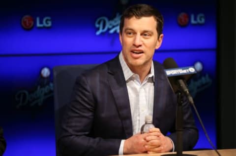 LOS ANGELES, CA – JANUARY 07: Dodgers president of baseball operations Andrew Friedman introduces Pitcher Kenta Maeda to the Los Angeles Dodgers at Dodger Stadium on January 7, 2016, in Los Angeles, California. (Photo by Joe Scarnici/Getty Images)