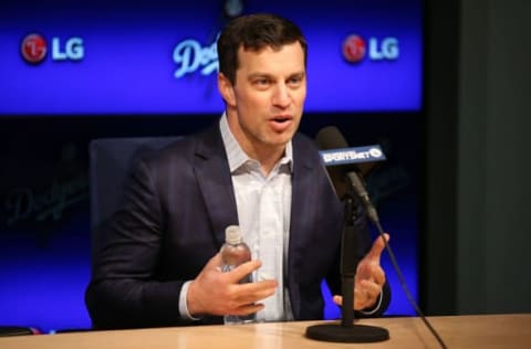 LOS ANGELES, CA – JANUARY 07: Dodgers president of baseball operations Andrew Friedman introduces Pitcher Kenta Maeda to the Los Angeles Dodgers at Dodger Stadium on January 7, 2016 in Los Angeles, California. (Photo by Joe Scarnici/Getty Images)