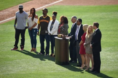 SAN DIEGO, CA – JULY 12: Major League Baseball Commissioner Rob Manfred (center) stands with former professional baseball player Rod Carew (center-right) during a naming ceremony for the Tony Gwynn National League Batting Champion Award and the Rod Carew American League Batting Champion Award prior to the 87th Annual MLB All-Star Game at PETCO Park on July 12, 2016 in San Diego, California. (Photo by Denis Poroy/Getty Images)