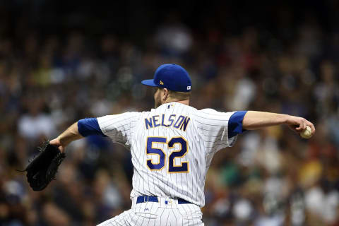 MILWAUKEE, WI – JUNE 02: Jimmy Nelson #52 of the Milwaukee Brewers throws a pitch during the eighth inning of a game against the Los Angeles Dodgers at Miller Park on June 2, 2017 in Milwaukee, Wisconsin. (Photo by Stacy Revere/Getty Images)