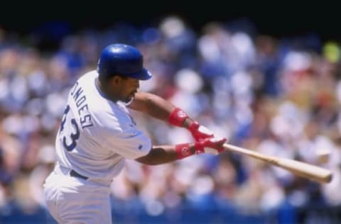 14 Jun 1998: Raul Mondesi #43 of the Los Angeles Dodgers in action during a game against the Colorado Rockies at the Dodger Stadium in Los Angeles, California. The Rockies defeated the Dodgers 3-2.