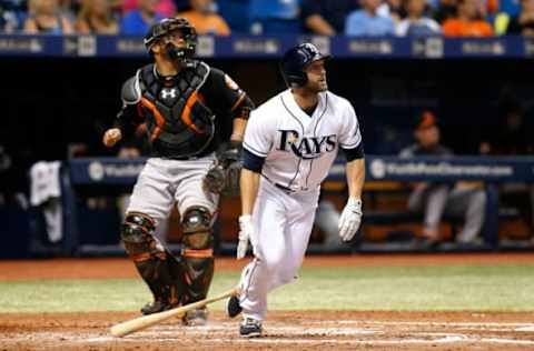 ST. PETERSBURG, FL – JUNE 23: Shane Peterson #2 of the Tampa Bay Rays hits a two-run home run off of pitcher Ubaldo Jimenez of the Baltimore Orioles during the third inning of a game on June 23, 2017, at Tropicana Field in St. Petersburg, Florida. (Photo by Brian Blanco/Getty Images)