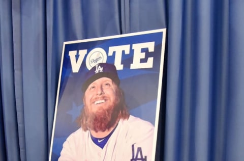 LOS ANGELES, CA – JULY 04: A group of loyal Los Angeles Dodgers fans known as Pantone 294 volunteering to vote for 24 consequitive hours to get Justin Turner