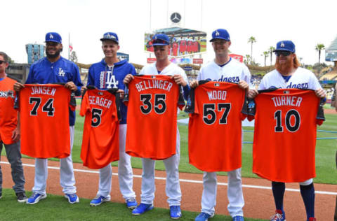 LOS ANGELES, CA – JULY 09: Los Angeles Dodgers players who will be attending the MLB All-Star game hold their jerseys before the game against the Kansas City Royals at Dodger Stadium on July 9, 2017, in Los Angeles, California. L-R: Kenley Jansen