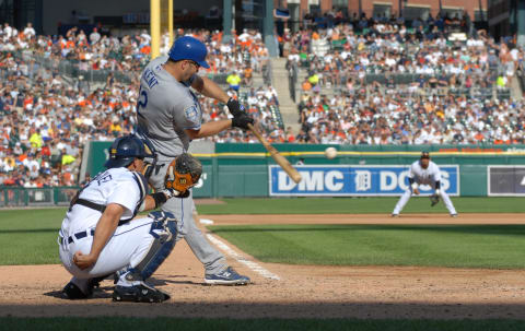 DETROIT – JUNE 14: Jeff Kent of the Los Angeles Dodgers bats during the game against the Detroit Tigers at Comerica Park in Detroit, Michigan on June 14, 2008. The Tigers defeated the Dodgers 12-7. (Photo by Mark Cunningham/MLB Photos via Getty Images)