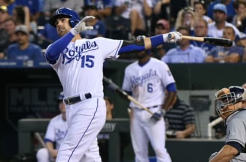 KANSAS CITY, MO – AUGUST 29: Whit Merrifield #15 of the Kansas City Royals hits a home run in the third inning against the Tampa Bay Rays at Kauffman Stadium on August 29, 2017 in Kansas City, Missouri. Merrifield’s home run ended the the Royals’ 45 inning scoreless steak. (Photo by Ed Zurga/Getty Images)