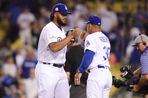 Dave Roberts and Kenley Jansen, Los Angeles Dodgers. (Photo by Harry How/Getty Images)