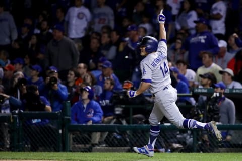 CHICAGO, IL – OCTOBER 19: Enrique Hernandez #14 of the Los Angeles Dodgers celebrates hitting a home run in the ninth inning against the Chicago Cubs during game five of the National League Championship Series at Wrigley Field on October 19, 2017 in Chicago, Illinois. (Photo by Jonathan Daniel/Getty Images)