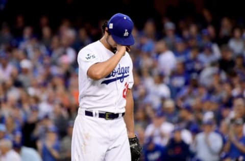 LOS ANGELES, CA – NOVEMBER 01: Yu Darvish #21 of the Los Angeles Dodgers reacts in the first inning against the Houston Astros in game seven of the 2017 World Series at Dodger Stadium on November 1, 2017 in Los Angeles, California. (Photo by Harry How/Getty Images)