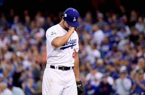 LOS ANGELES, CA - NOVEMBER 01: Yu Darvish #21 of the Los Angeles Dodgers reacts in the first inning against the Houston Astros in game seven of the 2017 World Series at Dodger Stadium on November 1, 2017 in Los Angeles, California. (Photo by Harry How/Getty Images)