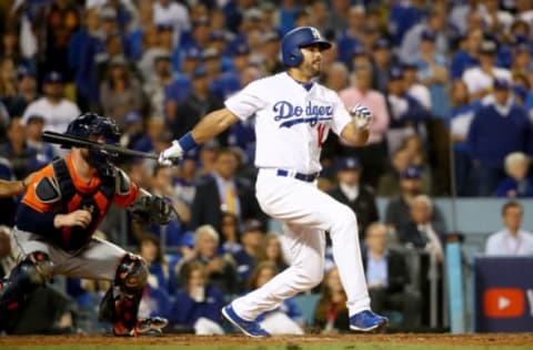 LOS ANGELES, CA – NOVEMBER 01: Andre Ethier #16 of the Los Angeles Dodgers hits a RBI single to score Joc Pederson #31 (not pictured) during the sixth inning against the Houston Astros in game seven of the 2017 World Series at Dodger Stadium on November 1, 2017 in Los Angeles, California. (Photo by Ezra Shaw/Getty Images)