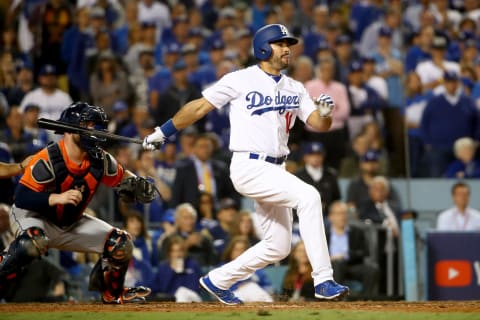 LOS ANGELES, CA – NOVEMBER 01: Andre Ethier #16 of the Los Angeles Dodgers hits a RBI single to score Joc Pederson #31 (not pictured) during the sixth inning against the Houston Astros in game seven of the 2017 World Series at Dodger Stadium on November 1, 2017 in Los Angeles, California. (Photo by Ezra Shaw/Getty Images)