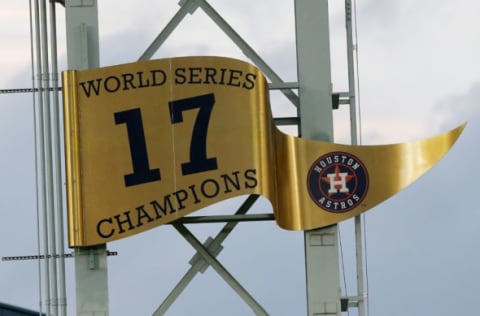 HOUSTON, TX – APRIL 02: Houston Astros unveil the 2017 World Series banner prior to playing the Baltimore Orioles at Minute Maid Park on April 2, 2018 in Houston, Texas. (Photo by Bob Levey/Getty Images)