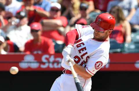 ANAHEIM, CA – APRIL 08: Ryan Schimpf #20 of the Los Angeles Angels hits a solo home run in the sixth inning of the game against the Oakland Athletics at Angel Stadium on April 8, 2018 in Anaheim, California. (Photo by Jayne Kamin-Oncea/Getty Images)