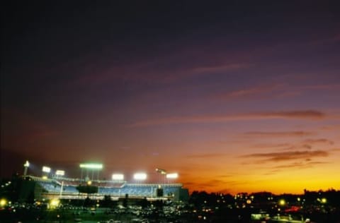 LOS ANGELES – CIRCA 1985: A general view of the exterior of Dodgers Stadium from the parking lot circa 1985 in Los Angeles, California. (Photo by Mike Powell/Getty Images)