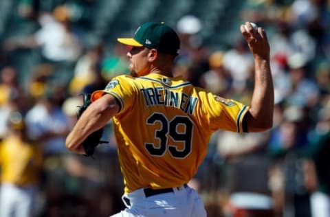 OAKLAND, CA – APRIL 22: Blake Treinen #39 of the Oakland Athletics pitches against the Boston Red Sox during the ninth inning at the Oakland Coliseum on April 22, 2018 in Oakland, California. The Oakland Athletics defeated the Boston Red Sox 4-1. (Photo by Jason O. Watson/Getty Images)