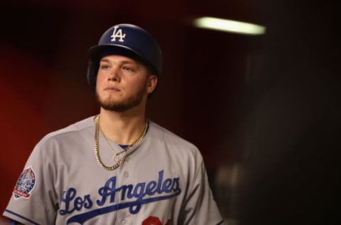 PHOENIX, AZ – APRIL 30: Alex Verdugo #61 of the Los Angeles Dodgers walks through the dugout during the fourth inning of the MLB game against the Arizona Diamondbacks at Chase Field on April 30, 2018 in Phoenix, Arizona. (Photo by Christian Petersen/Getty Images)