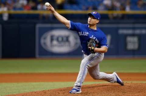 ST. PETERSBURG, FL – MAY 5: Pitcher Seung Hwan Oh #22 of the Toronto Blue Jays pitches during the seventh inning of a game against the Tampa Bay Rays on May 5, 2018, at Tropicana Field in St. Petersburg, Florida. (Photo by Brian Blanco/Getty Images)