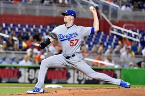 MIAMI, FL – MAY 15: Alex Wood #57 of the Los Angeles Dodgers throws a pitch during the first inning against the Miami Marlins at Marlins Park on May 15, 2018 in Miami, Florida. (Photo by Eric Espada/Getty Images)