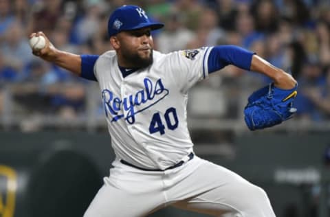 KANSAS CITY, MO – MAY 15: Kelvin Herrera #40 of the Kansas City Royals pitches in the ninth inning against the Tampa Bay Rays at Kauffman Stadium on May 15, 2018 in Kansas City, Missouri. (Photo by Ed Zurga/Getty Images)