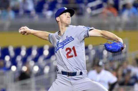 MIAMI, FL – MAY 16: Walker Buehler #21 of the Los Angeles Dodgers throws a pitch during the first inning against the Miami Marlins at Marlins Park on May 16, 2018 in Miami, Florida. (Photo by Eric Espada/Getty Images)