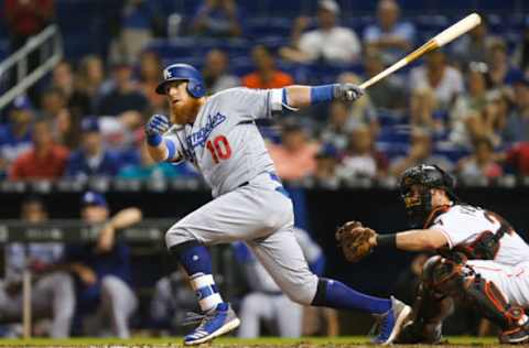 MIAMI, FL – MAY 17: Justin Turner #10 of the Los Angeles Dodgers hits a two RBI double in the fourth inning against the Miami Marlins at Marlins Park on May 17, 2018 in Miami, Florida. (Photo by Michael Reaves/Getty Images)