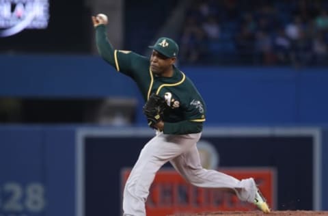 TORONTO, ON – MAY 17: Santiago Casilla #46 of the Oakland Athletics delivers a pitch in the fourth inning during MLB game action against the Toronto Blue Jays at Rogers Centre on May 17, 2018 in Toronto, Canada. (Photo by Tom Szczerbowski/Getty Images)