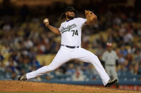 LOS ANGELES, CA – MAY 28: Kenley Jansen #74 of the Los Angeles Dodgers pitches during the ninth inning of a game against the Philadelphia Phillies at Dodger Stadium on May 28, 2018 in Los Angeles, California. MLB players across the league are wearing special uniforms to commemorate Memorial Day. (Photo by Sean M. Haffey/Getty Images)