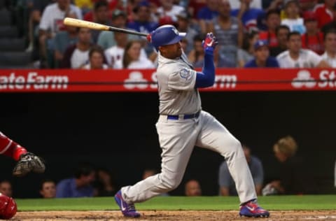 ANAHEIM, CA – JULY 06: Matt Kemp #27 of the Los Angeles Dodgers hits an rbi single in the fourth inning during the MLB game against the Los Angeles Angels of Anaheim at Angel Stadium on July 6, 2018, in Anaheim, California. (Photo by Victor Decolongon/Getty Images)