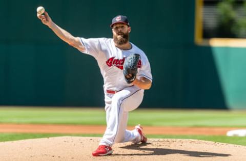 CLEVELAND, OH – JULY 7: Starting pitcher Corey Kluber #28 of the Cleveland Indians pitches during the first inning against the Oakland Athletics at Progressive Field on July 7, 2018, in Cleveland, Ohio. (Photo by Jason Miller/Getty Images)